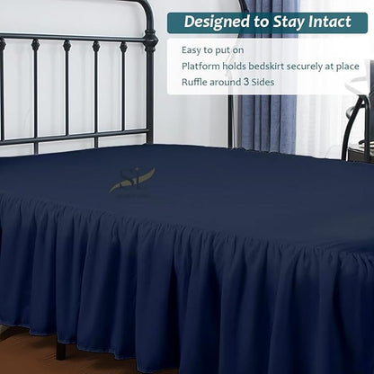 Shreem Linen Ruffled Bed Skirt with Split Corners, Gathered Style, 100% Microfiber, 15-Inch Drop, Dust Ruffle Bedskirt with Platform, Full-XL, Navy Blue