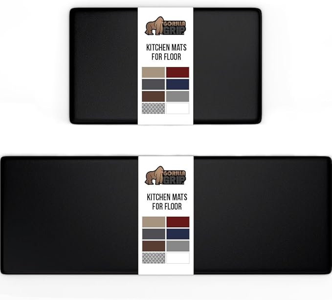 GORILLA GRIP 2 Pack Comfortable Cushioned Kitchen Mats for Floor, 17x29 + 17x59, Waterproof and Stain Resistant, 1/2 Inch Thick Soft Ergonomic Standing Desk Anti Fatigue Mat, Foam Supports Feet, Black