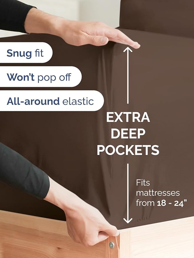 Extra Deep Queen Fitted Sheet - Hotel Luxury Single Fitted Sheet Only - Easily Fits 18 inch to 24 inch Mattress - Ultra Soft, Wrinkle Free w/Extra Deep Pockets - Easy-Care, Breathable & Comfy - Brown