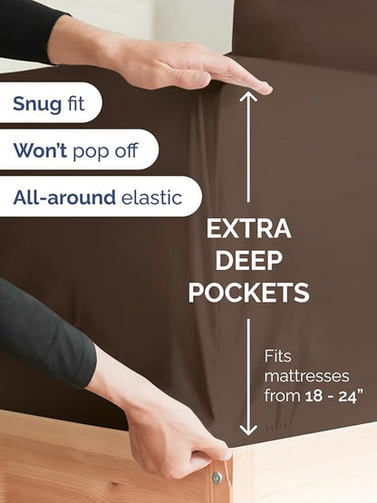 Extra Deep Queen Fitted Sheet - Hotel Luxury Single Fitted Sheet Only - Easily Fits 18 inch to 24 inch Mattress - Ultra Soft, Wrinkle Free w/Extra Deep Pockets - Easy-Care, Breathable & Comfy - Brown