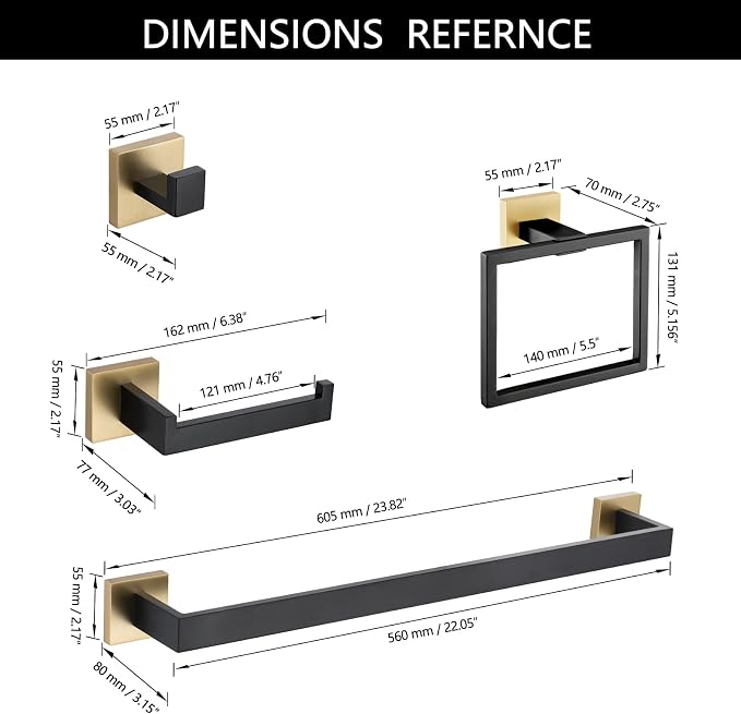 TNOMS 5 Pieces Bathroom Hardware Accessories Set Black and Gold Towel Bar Set - Image 6