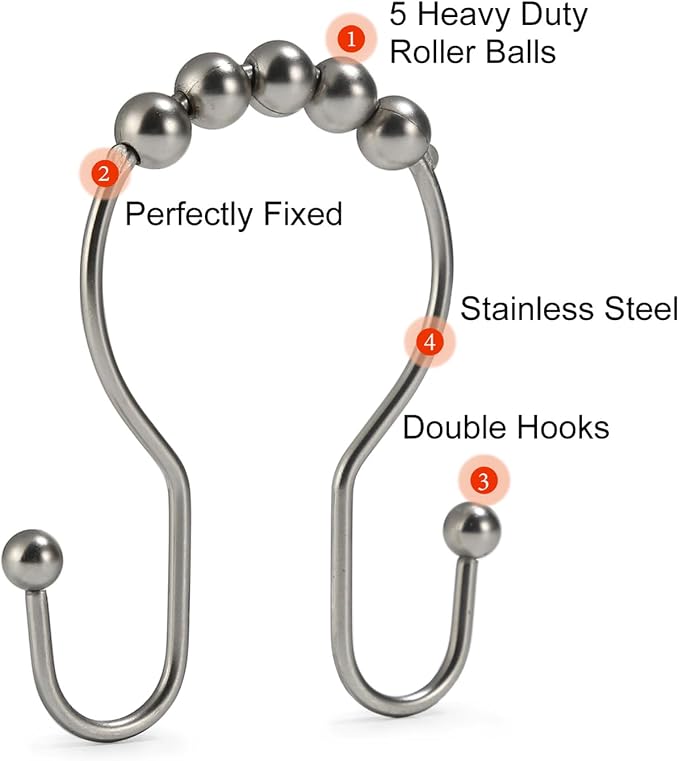 Goowin Shower Curtain Hooks, Stainless Steel Shower Curtain Hangers, Double - Image 4