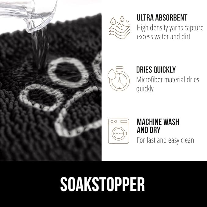 GORILLA GRIP SOAKSTOPPER Dog Door Mat, 48x30 Machine Washable Rug Absorbent Doormat Captures Moisture Mud Dirt, Quick Dry Soft Chenille Entryway Rugs Indoor Entrance Mats for Dog Paws, Black White