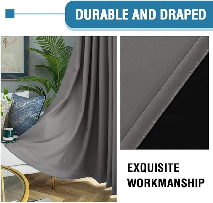 H.VERSAILTEX 100% Blackout Curtains for Bedroom Thermal Insulated Blackout Curtains 45 inch Length Heat and Full Light Blocking Window Drapes for Living Room with Black Liner 2 Panels, Grey