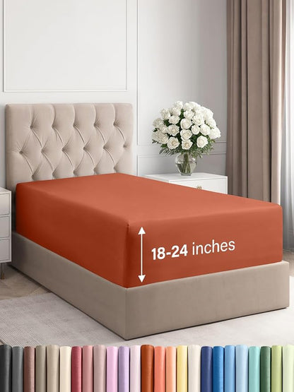 Extra Deep Twin Fitted Sheet - Hotel Luxury Single Fitted Sheet Only - Easily Fits 18 inch to 24 inch Mattress - Ultra Soft, Wrinkle & Fade Free w/Extra Deep Pockets - Breathable & Comfy - Terracotta