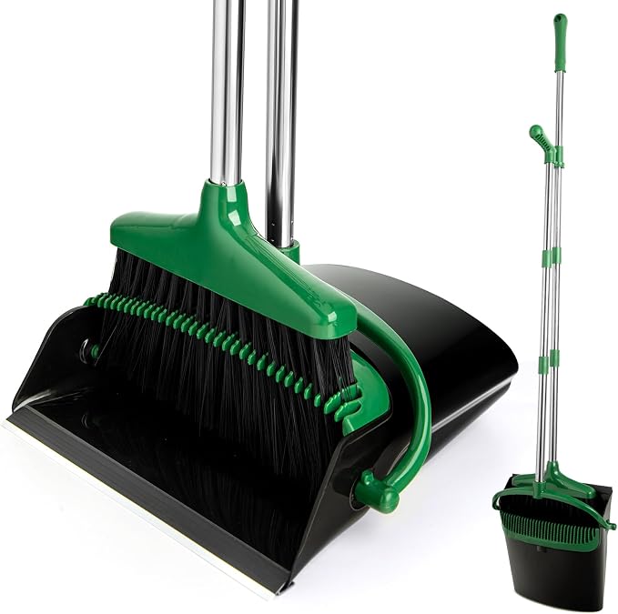 Broom and Dustpan Set with Long Handle, Light Weight Stainless Steel Poles by XXFLOWER