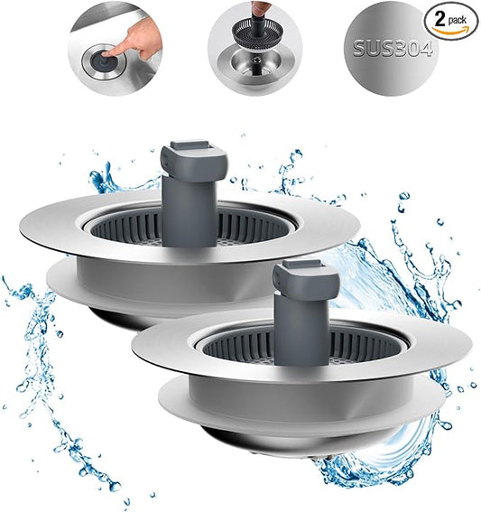 Hibbent Upgraded 2 Pack 3 in 1 Kitchen Sink Drain Strainer and Stopper Combo by Hibbent