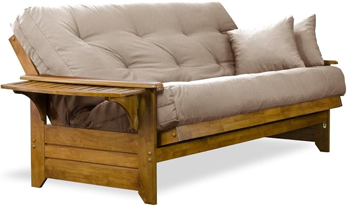 Nirvana Futons Brentwood Tray Arm Futon Sofabed Set - Queen Frame, 8" Microfiber Khaki Mattress, Heritage Finish