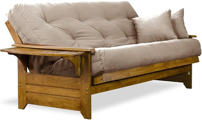 Nirvana Futons Brentwood Tray Arm Futon Sofabed Set - Queen Frame, 8" Microfiber Khaki Mattress, Heritage Finish