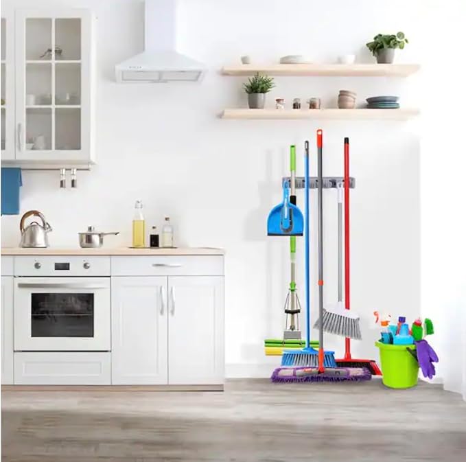 Wall Mounted Broom and Mop Holder, 16 Inch Plastic Organizer, 6 Foldable Hooks - Image 7