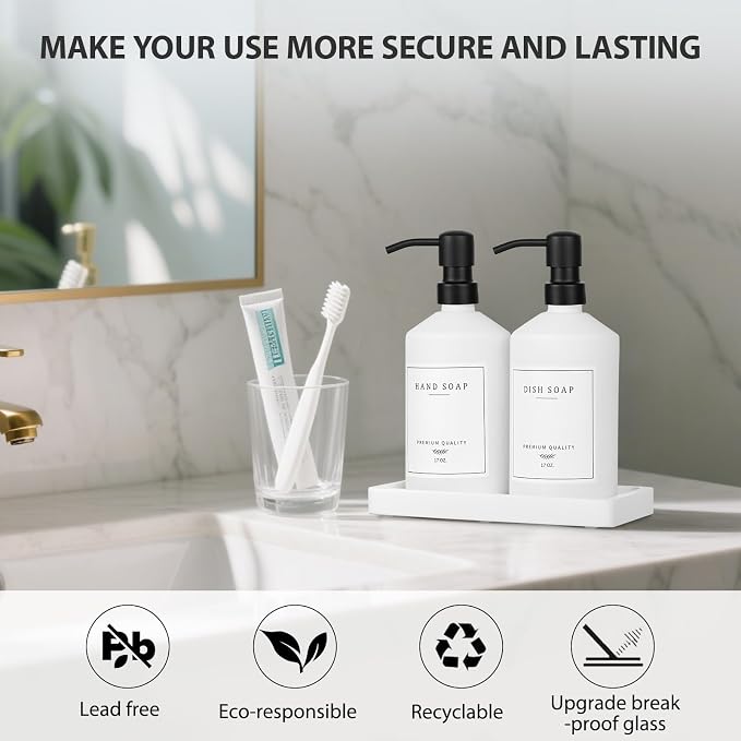 White Glass Kitchen Soap Dispenser Set, 17 OZ Hand and Dish Soap Dispenser Set - Image 5
