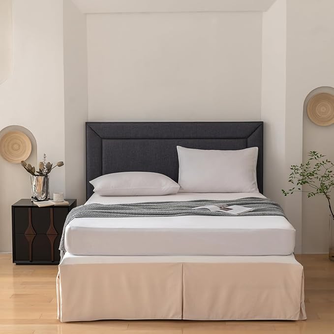 Full Bed Skirt, Grid Plaid Soft Quadruple Pleated Ruffle Bed Skirt, Tailored Dust Ruffle 14 Inch Drop Easy Fit, Machine Washable (Beige)