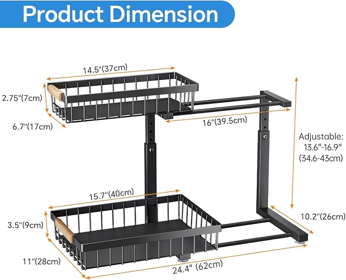 PXRACK Large Under Sink Organizer, Adjustable Height, 2-Tier Slide Out - Image 7