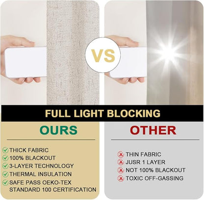 PrinceDeco Natural Linen Curtains 100% Blackout Linen Curtains for Bedroom Full Blackout Curtains 84 Inches Long Living Room Thermal Insulated Light Blocking Curtain Drapes White Backing, 2 Panels