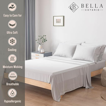 Bella Coterie 6 Piece Luxury Bamboo Viscose King Size Sheet Set | 100% Organically Grown | Cooling for Hot Sleepers | 18" Deep Pocket | Soft & Hypoallergenic | 4 Pillowcases [Grey Mist]