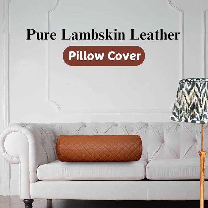 Neck Roll Pillow Cushion Cover, 14x6 Inch Full Moon Round Bolster Pillow Case, Cylinder Soft Lambskin Leather Pillowcase for Head, Spine & Neck Support During Sleep - Quilted Tan Pack of 1
