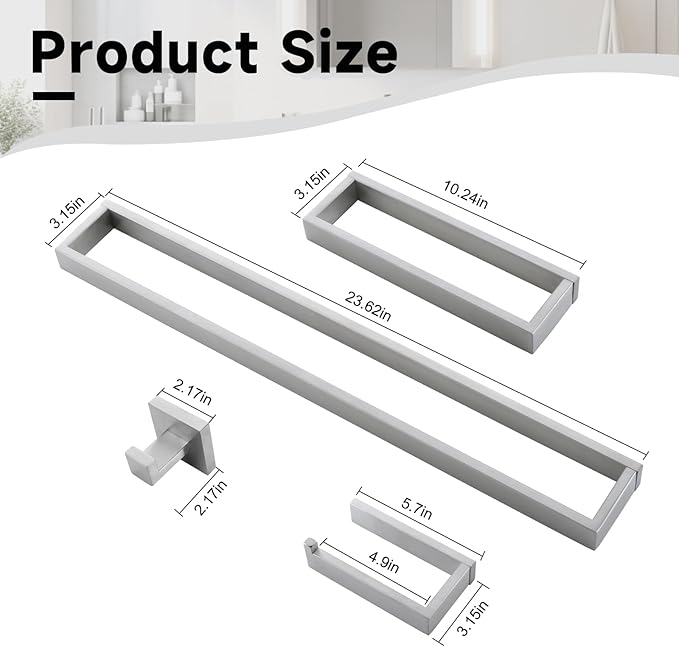 TNOMS Brushed Nickel Towel Bar Set, 5-Pieces Bathroom Hardware Accessories Set - Image 6
