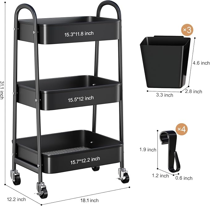 3 Tier Metal Rolling Cart with Lockable Wheels, Diaper Caddy - Image 9
