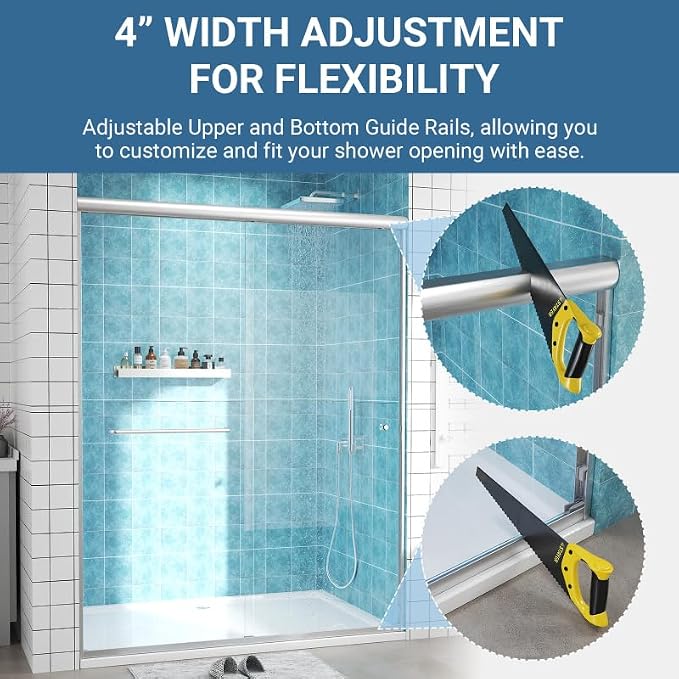 Glass Sliding Shower Door 56-60" W x 72" H, Semi Frameless Double Sliding - Image 4