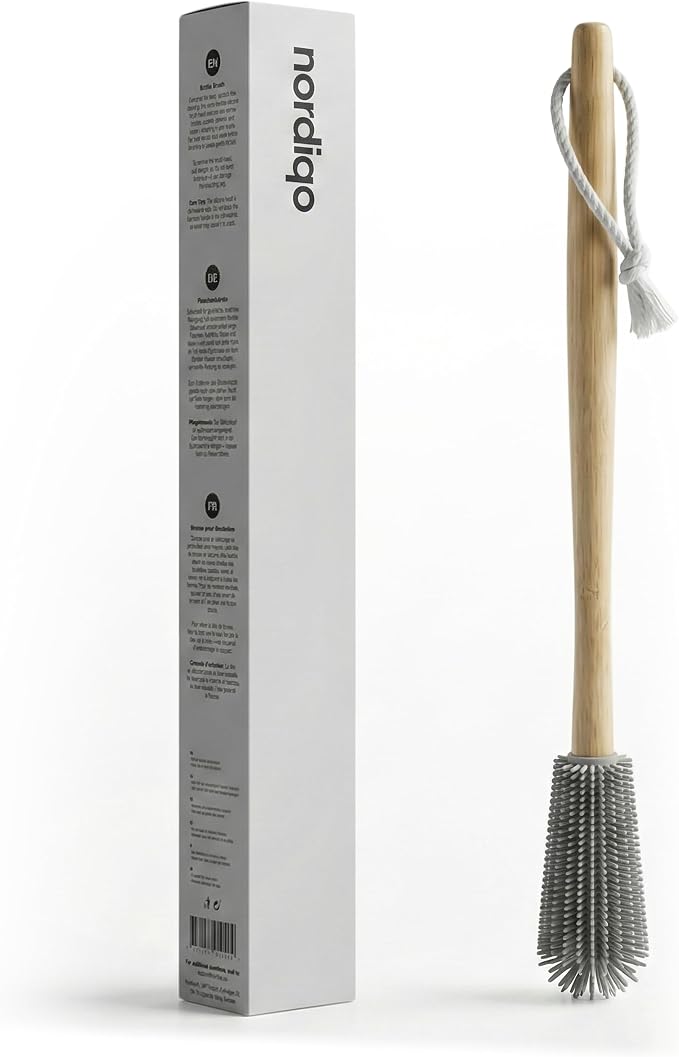 Extra Long Bottle Brush – 16" Bamboo Handle & Flexible Hygienic Silicone Head – by Nordiqo