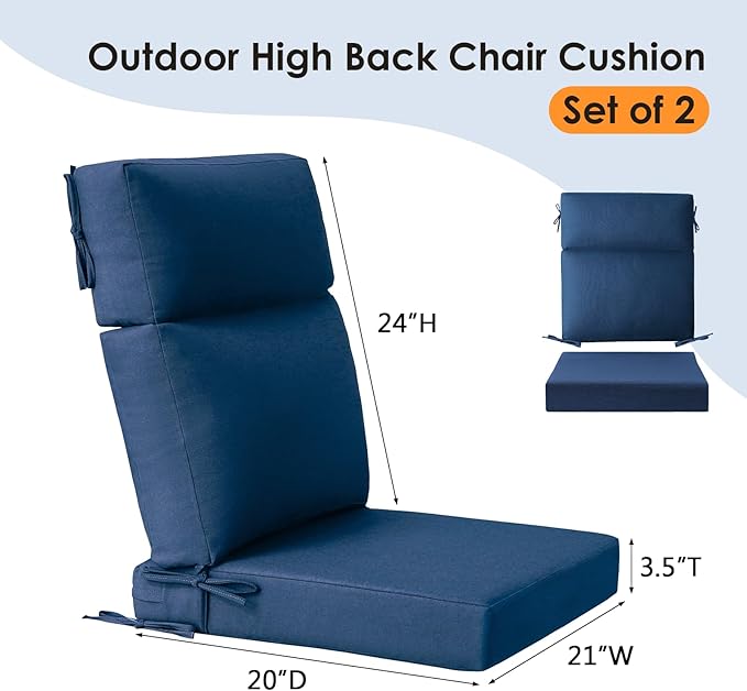Sunbrella Outdoor Separate High Back Cushion Seat Pads, 2-Pack 44 x 21 Inch Water-Repellent & Fade-Resistant Patio Furniture Cushions with Ties for Adirondack, Rocking Chairs, Specrtum indigo