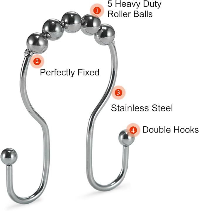 Goowin Shower Curtain Hooks, Stainless Steel Shower Curtain Hangers, Double - Image 4