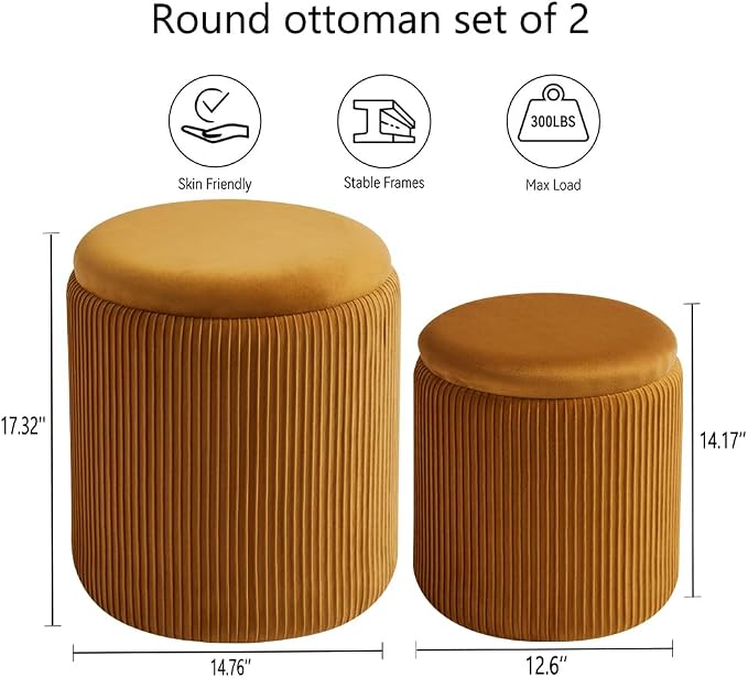 Round Ottoman with Storage Set of 2-Upholstered Velvet Vanity Stool - Image 2