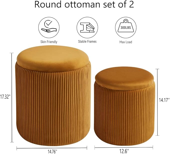Round Set of 2 Ottoman with Storage-Upholstered Velvet Vanity Stool - Image 3