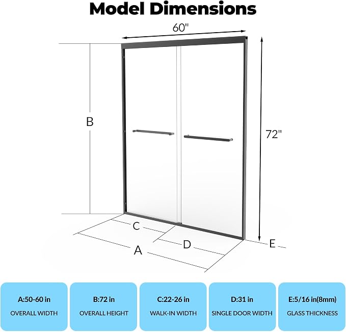 Sliding Shower Door 50-60" Adjustable Width x 72" Height, Bypass Space-Saving - Image 2