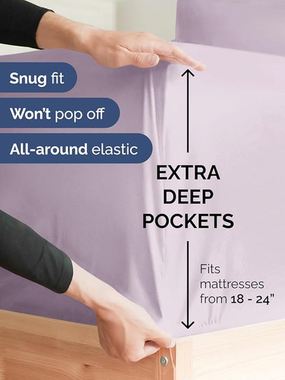 Extra Deep Full Fitted Sheet - Hotel Luxury Single Fitted Sheet Only - Easily Fits 18 inch to 24 inch Mattress - Ultra Soft, Wrinkle Free with Extra Deep Pockets - Breathable & Comfy - Light Lavender