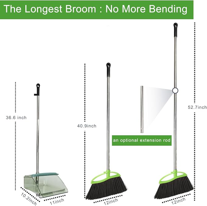 Soft Bristles Green Angle Broom and Dustpan Set, Long Handle Household Indoor - Image 2