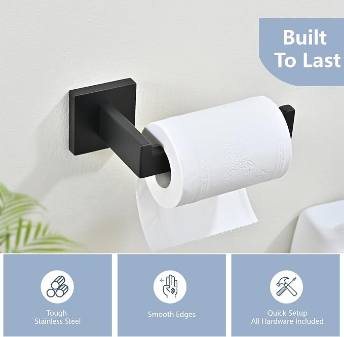 3PCS Bathroom Hardware Set, Matte Black Toilet Paper Holder, 2 Square Towel - Image 3