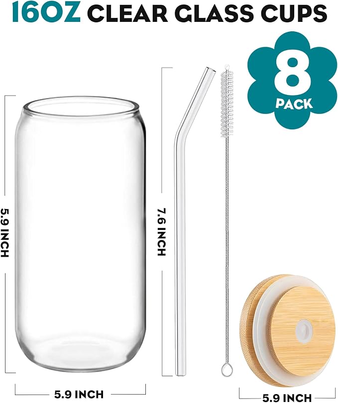 Drinking Glasses with Bamboo Lids and Glass Straw 8PCS Set, 16oz Glass Cups - Image 4