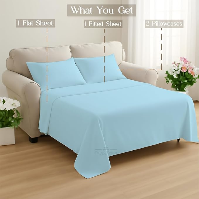 Sleeper Sofa 4 Piece Bed Sheet Set Premium Quality 100% Cotton 500 Thread Count, Smooth & Super Soft Sateen Weave, Extra Soft Bed Sheets, Wrinkle Free, 6 Inch Deep Pocket (Queen, Light Blue)