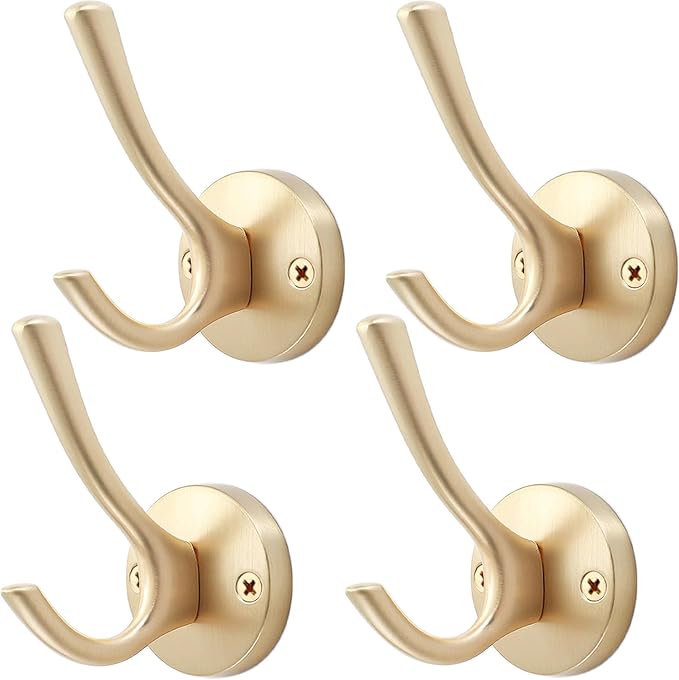 Gold Hat and Coat Hooks, 4 Pack Heavy Duty Coat Robe Hook, Metal Double by TOFIIGREM