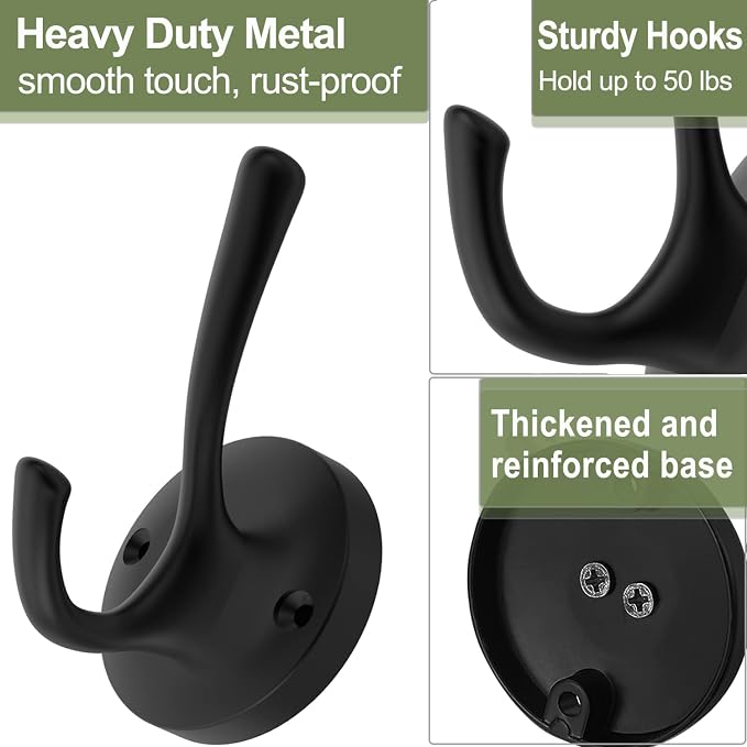 Black Towel Hooks, 2 Pack Coat Robe Hook Heavy Duty Metal Double Bathrobe Hook - Image 6