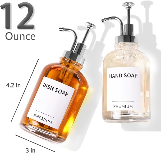 12oz Dish Soap Dispenser for Kitchen, Hand Glass Soap Dispenser Set - Image 3