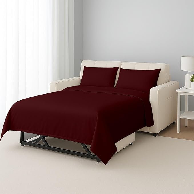 Shreem Linen Luxury Queen Sleeper Sofa Bed Sheet Set,100% Egyptian Cotton, 338 Thread Count, Queen Size (60 x74 +6 Inch Deep Pocket) Soft and Light Weight 4pcs Sofa Set (Burgundy Solid)