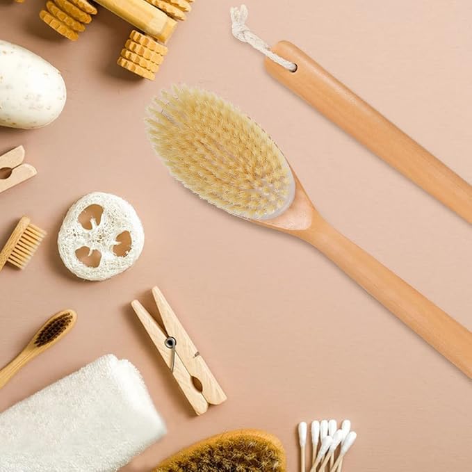 OWIIZI Bath Brushes with Soft and Natural Bristles Antiskid Wooden Long Handle - Image 8