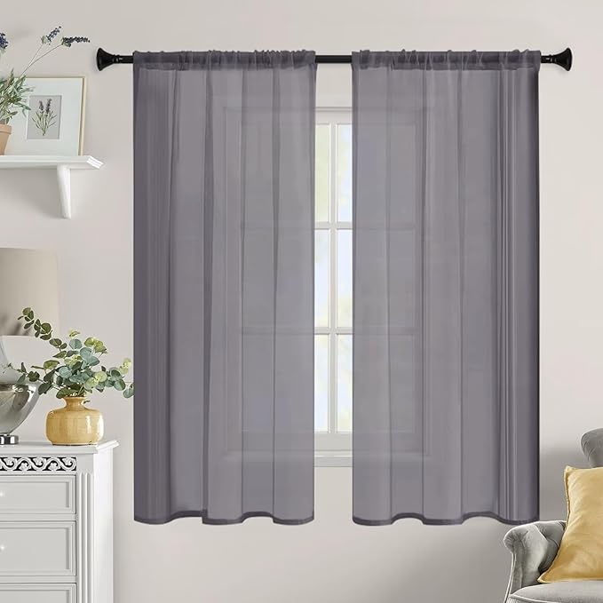Sheer Curtains 54 Inches Long 2 Panels, Rod Pocket Short Curtain for Kitchen, Bedroom, Cafe Window(Grey 38" W x 54" L)