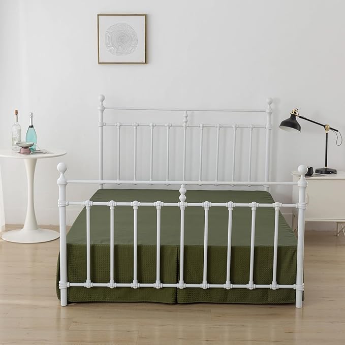 Bed Skirt King Size, Pleated Waffle Weave Bed Skirt with Split Corners, Tailored Dust Ruffle 12 Inch Drop Easy Fit, Machine Washable, Green, 12" King