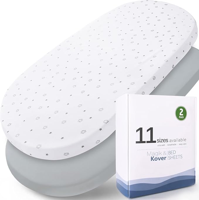 Bassinet Sheets Fit for Simmons Kids City, Ingenuity Dream&Grow, Dream On Me Karley (Plus), Baby Delight Beside Me, Safety 1st, ANGELBLISS 3 in 1 Rocking Bassinet, Ultra Soft, Grey & White Star