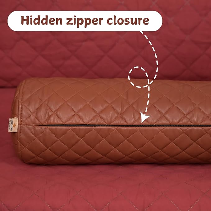 Neck Roll Pillow Cushion Cover, 20x7 Inch Full Moon Round Bolster Pillow Case, Cylinder Soft Lambskin Leather Pillowcase for Head, Spine & Neck Support During Sleep - Quilted Brown Pack of 1