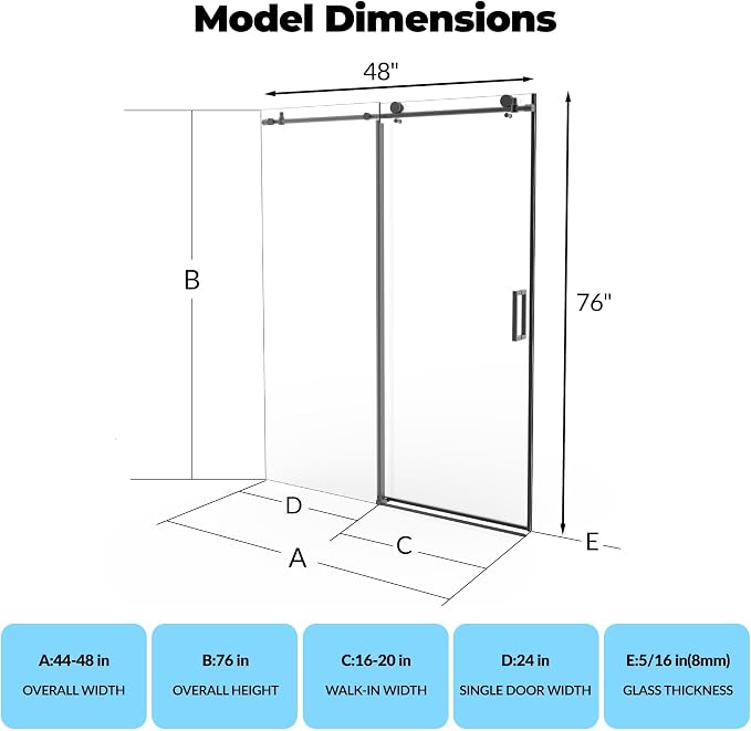 Sliding Shower Door, 44-48" W x 72" H Aluminum Alloy Frame, Adjustable Double - Image 2