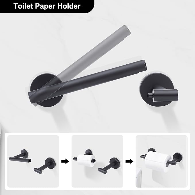 Matte Black Toilet Paper Holder Set, Stainless Steel Towel Ring, Double Post - Image 3