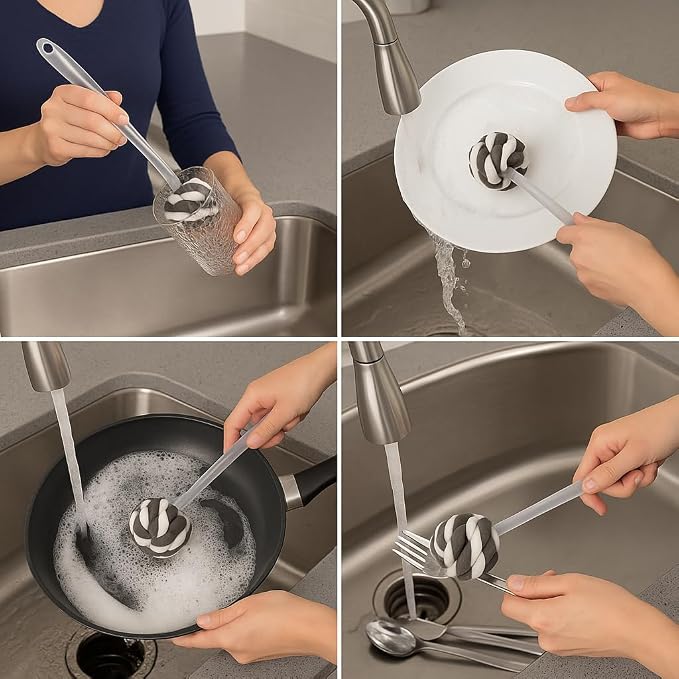 Glass Sponge Dish Brush with Handle – 11.5" Puff Head Kitchen Cleaning Brush - Image 4