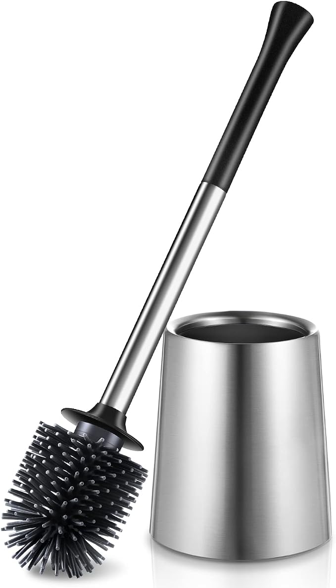 HAMITOR Toilet Bowl Brush Holder Set: Silicone Stainless Steel Deep Cleaning by HAMITOR