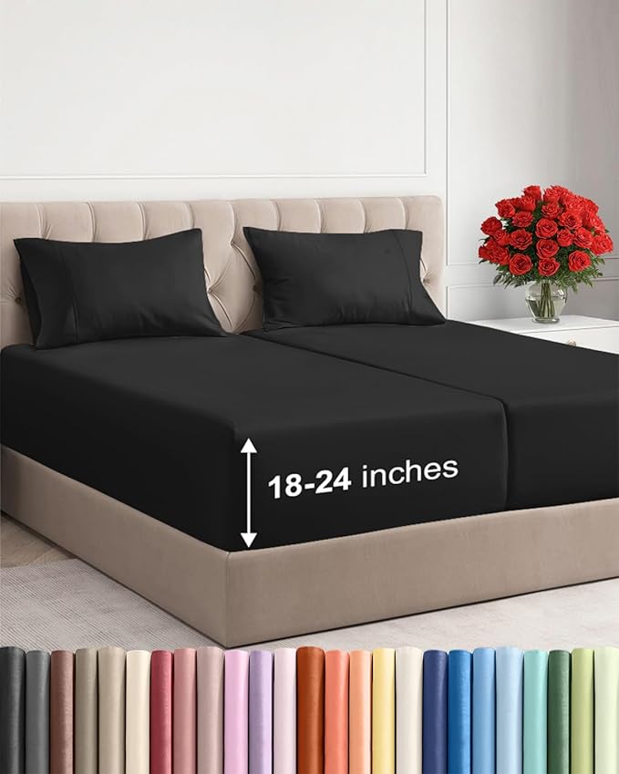 Extra Deep Pocket Split King Sheets - 5 Piece Breathable & Cooling Bed Sheets - Hotel Luxury Bed Sheet Set - Soft, Wrinkle Free & Comfy - Easily Fits Extra Deep Mattresses - Deep Pocket Black Sheets