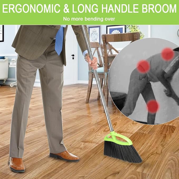 Soft Bristles Green Angle Broom and Dustpan Set, Long Handle Household Indoor - Image 7