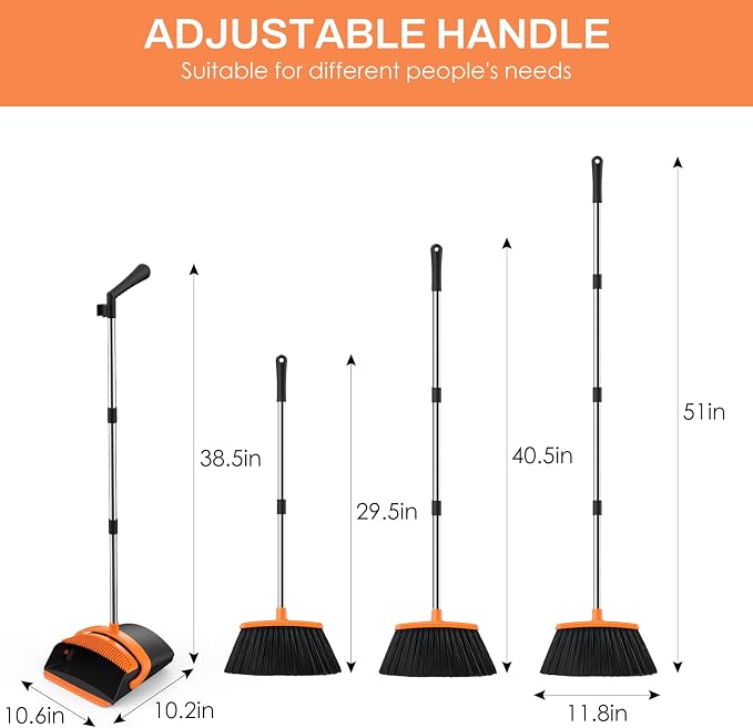 Broom and Dustpan Set for Home, 51-in Long Adjustable Handle Angle Broom and - Image 2